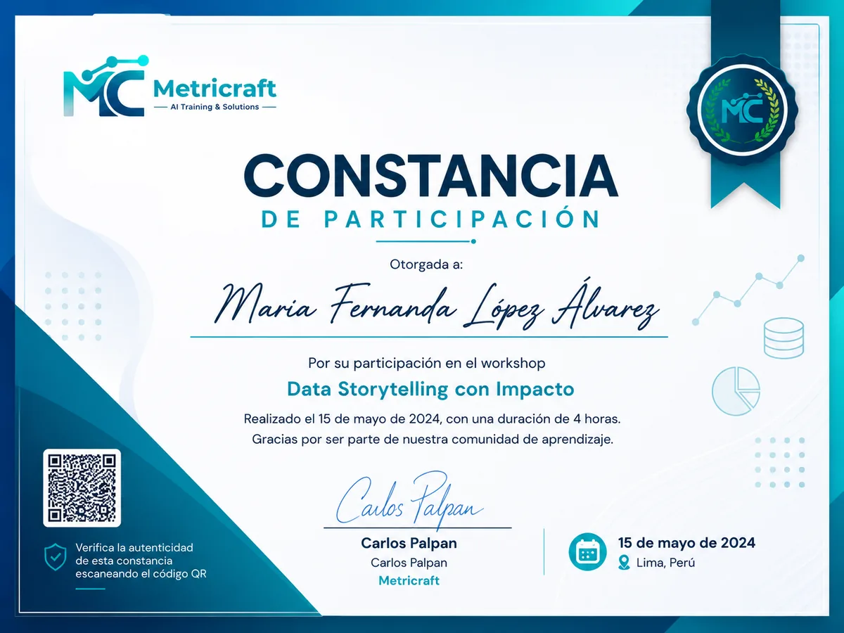Ejemplo de constancia de participación Metricraft para De Imágenes a Video con SAM 2: Transformers para Visión Computacional Avanzada